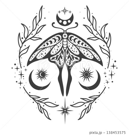 Mystical moth with celestial moon phases and sun symbols in boho line art style. Vector illustration for witchy tattoo designs, tarot cards and esoteric illustration projects. Mystical moth with celestial moon phases and sun symbols in boho line art style. Vector illustration for witchy tattoo designs, tarot cards and esoteric illustration projects. 138453575