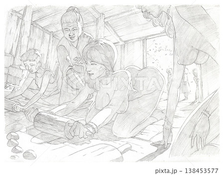 Pencil sketch of sexy backpacker women learning to knead dough in rural hill tribe homestay 138453577
