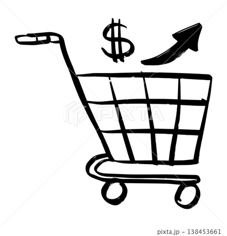 Hand drawn shopping cart doodle with dollar sign and rising arrow, inflation and rising prices concept vector. Hand drawn shopping cart doodle with dollar sign and rising arrow, inflation and rising prices concept vector. 138453661