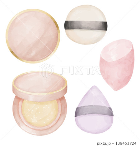 水彩画風のクッションファンデーションとメイクスポンジのイラストセット 水彩画風のクッションファンデーションとメイクスポンジのイラストセット 138453724