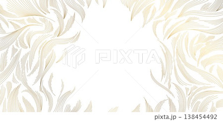 Modern abstract wave oriental pattern, flowing golden lines on white background, Japanese and Chinese design. Elegant vector illustration, clouds, water flow. Luxury packaging, interior design. 138454492
