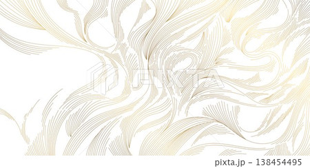 Modern abstract wave oriental pattern, flowing golden lines on white background, Japanese and Chinese design. Elegant vector illustration, clouds, water flow. Luxury packaging, interior design. Modern abstract wave oriental pattern, flowing golden lines on white background, Japanese and Chinese design. Elegant vector illustration, clouds, water flow. Luxury packaging, interior design. 138454495