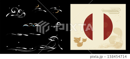 手描き和風の波あしらいセット 138454714