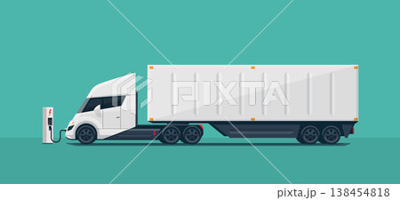 Modern Futuristic Electric Semi Truck with Trailer Charging at Charger Station 138454818