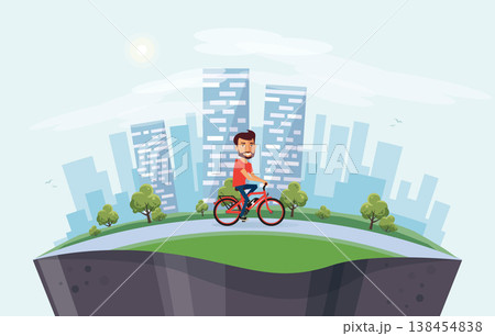 Man on Electric Bicycle on the Street with City Skyline Background on Globe Man on Electric Bicycle on the Street with City Skyline Background on Globe 138454838