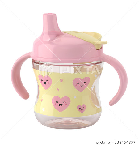 Cheerful pink and yellow baby sippy cup with easy-grip handles and a cute heart design, representing toddler feeding and spill-proof drinking 138454877