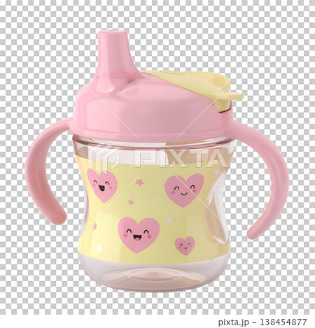 Cheerful pink and yellow baby sippy cup with easy-grip handles and a cute heart design, representing toddler feeding and spill-proof drinking 138454877