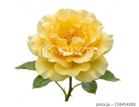 Single, vibrant yellow rose with delicate water droplets on its petals, isolated on transparent background, representing friendship, joy, and freshness Single, vibrant yellow rose with delicate water droplets on its petals, isolated on transparent background, representing friendship, joy, and freshness 138454880