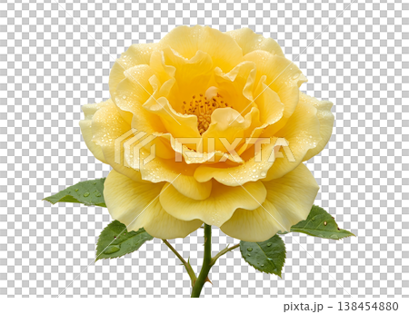 Single, vibrant yellow rose with delicate water droplets on its petals, isolated on transparent background, representing friendship, joy, and freshness Single, vibrant yellow rose with delicate water droplets on its petals, isolated on transparent background, representing friendship, joy, and freshness 138454880