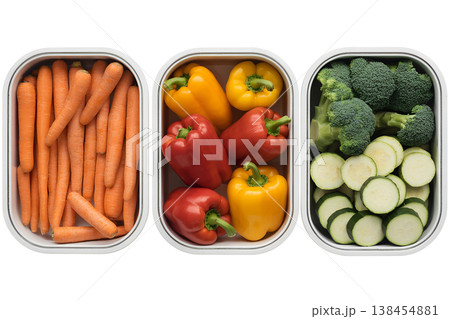 Collection of fresh, colorful vegetables neatly portioned in glass meal prep containers, representing healthy eating, planning, and weekly food organization Collection of fresh, colorful vegetables neatly portioned in glass meal prep containers, representing healthy eating, planning, and weekly food organization 138454881