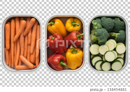 Collection of fresh, colorful vegetables neatly portioned in glass meal prep containers, representing healthy eating, planning, and weekly food organization Collection of fresh, colorful vegetables neatly portioned in glass meal prep containers, representing healthy eating, planning, and weekly food organization 138454881