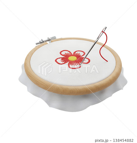 3d render of a wooden embroidery hoop holding white fabric with a stitched red flower and a threaded needle, representing handmade crafts and textile art 138454882