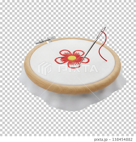 3d render of a wooden embroidery hoop holding white fabric with a stitched red flower and a threaded needle, representing handmade crafts and textile art 138454882