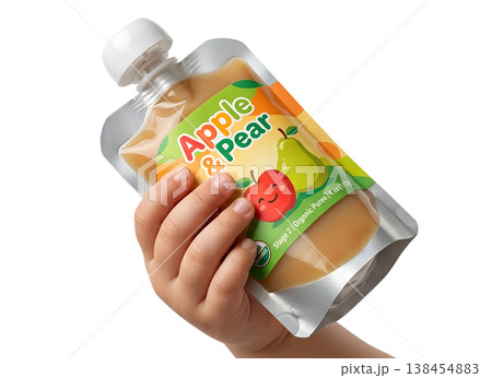 Small child's hand gripping a squeezable baby food pouch labeled apple and pear, representing convenient, healthy snacking for toddlers on the go 138454883