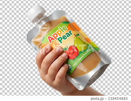 Small child's hand gripping a squeezable baby food pouch labeled apple and pear, representing convenient, healthy snacking for toddlers on the go Small child's hand gripping a squeezable baby food pouch labeled apple and pear, representing convenient, healthy snacking for toddlers on the go 138454883