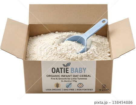 Open box of organic infant oat cereal with a measuring scoop inside, representing first solid foods, baby-led weaning, and wholesome nutrition 138454886