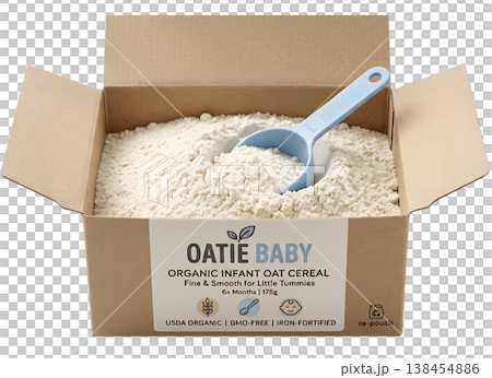 Open box of organic infant oat cereal with a measuring scoop inside, representing first solid foods, baby-led weaning, and wholesome nutrition 138454886