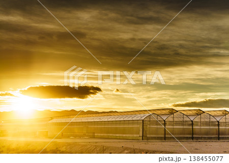 Sunset over greenhouses with mountains in the background in the evening. Industry agriculture in Spain Sunset over greenhouses with mountains in the background in the evening. Industry agriculture in Spain 138455077