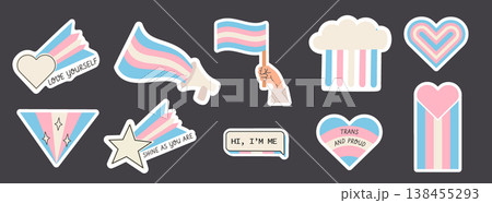 Trans pride sticker set with LGBTQ elements, hearts, flags and supportive symbols. Cute retro style illustrations for social media, merch, packaging and print design. Vector illustration collection. 138455293