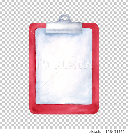 Red medical clipboard with blank sheet of paper. Stationery clipboard with metal clip. Watercolor isolated hand drawn illustration for medical graphics, patient records, healthcare-related designs Red medical clipboard with blank sheet of paper. Stationery clipboard with metal clip. Watercolor isolated hand drawn illustration for medical graphics, patient records, healthcare-related designs 138455522