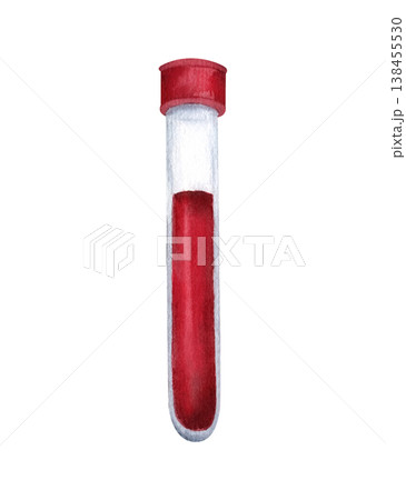 Medical laboratory test tube with blood, red sample liquid. Watercolor isolated clip art for healthcare topics, medical research, analysis. Hand drawn illustration for blood donation poster Medical laboratory test tube with blood, red sample liquid. Watercolor isolated clip art for healthcare topics, medical research, analysis. Hand drawn illustration for blood donation poster 138455530