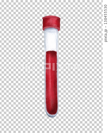 Medical laboratory test tube with blood, red sample liquid. Watercolor isolated clip art for healthcare topics, medical research, analysis. Hand drawn illustration for blood donation poster Medical laboratory test tube with blood, red sample liquid. Watercolor isolated clip art for healthcare topics, medical research, analysis. Hand drawn illustration for blood donation poster 138455530