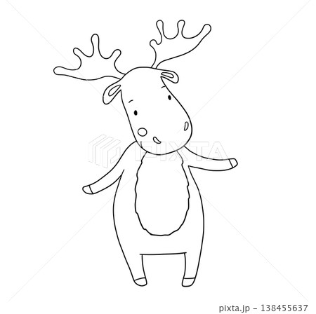 Cute cartoon moose outline, simple black doodle style for kids illustration. Funny forest animal character, hand drawn vector for coloring page isolated on white background Cute cartoon moose outline, simple black doodle style for kids illustration. Funny forest animal character, hand drawn vector for coloring page isolated on white background 138455637