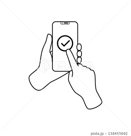 スマホでチェックマークをタップする線画のイラスト スマホでチェックマークをタップする線画のイラスト 138455692