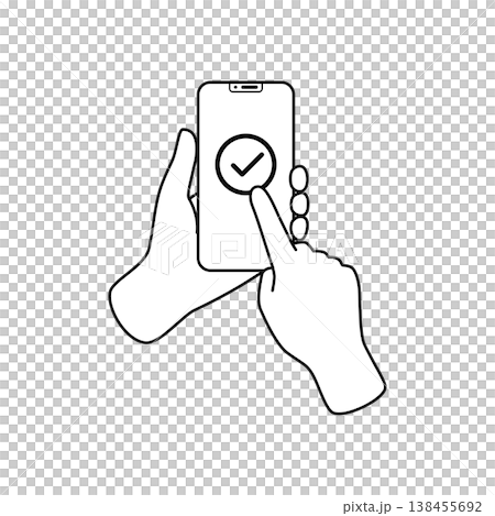 スマホでチェックマークをタップする線画のイラスト スマホでチェックマークをタップする線画のイラスト 138455692