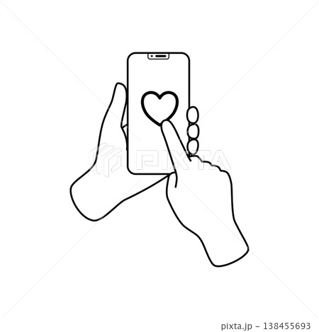 スマホでハートマークをタップする線画イラスト スマホでハートマークをタップする線画イラスト 138455693