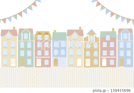 ポストカードなどのデザインにも使えるパステルカラーのヨーロッパ風タウンハウスが並ぶフラットイラスト| ポストカードなどのデザインにも使えるパステルカラーのヨーロッパ風タウンハウスが並ぶフラットイラスト| 138455696