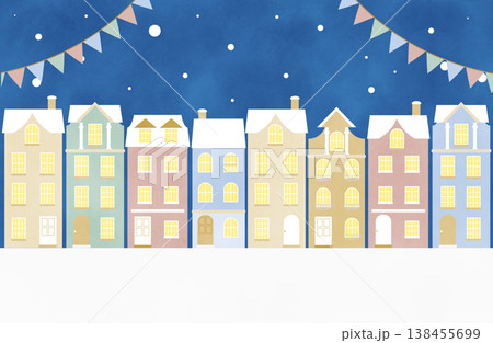 雪が降り積もるパステルカラーのヨーロッパ風タウンハウスの住宅イラスト 138455699