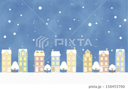 クリスマスなどにも使える雪が降り積もるヨーロッパ風住宅が並ぶ街並みイラスト 138455700