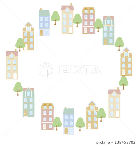 可愛いヨーロッパ風の家が並んだサークルフレーム 138455702