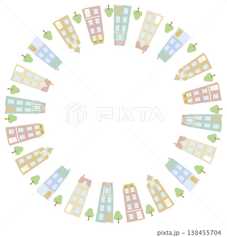 可愛いヨーロッパ風の家が並んだサークルフレーム 138455704