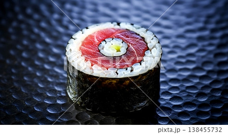 the cross section of a perfect tekka maki roll, the precise spiral of deep red tuna, perfectly seasoned rice, in nori with a micro thin line of wasabi  138455732