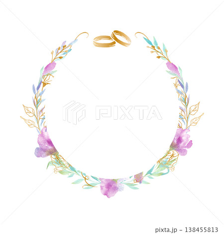 A round floral wreath with wedding rings. A watercolor composition with gold elements for wedding decor and design. A round floral wreath with wedding rings. A watercolor composition with gold elements for wedding decor and design. 138455813