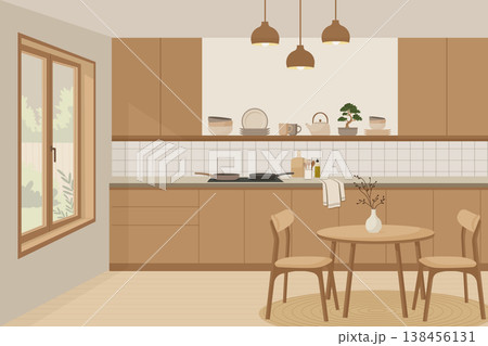 Modern kitchen interior with dining table and chairs in japandi style vector illustration. 138456131
