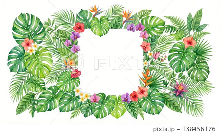 水彩トロピカルモンステラとヤシの葉フレーム枠 138456176