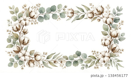 水彩コットンフラワーとユーカリのフレーム枠 138456177