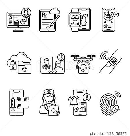 12 Advanced Telehealth and Digital Healthcare Line Icon Set. Future Medical Technology and Smart Wellness Symbols 12 Advanced Telehealth and Digital Healthcare Line Icon Set. Future Medical Technology and Smart Wellness Symbols 138456375