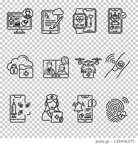 12 Advanced Telehealth and Digital Healthcare Line Icon Set. Future Medical Technology and Smart Wellness Symbols 12 Advanced Telehealth and Digital Healthcare Line Icon Set. Future Medical Technology and Smart Wellness Symbols 138456375