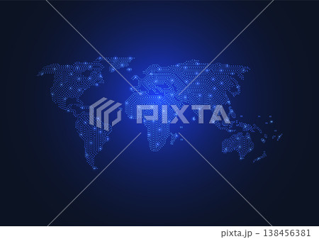 Futuristic Digital World Map with Glowing Circuit Lines, Global Technology Network, Big Data Connection, Artificial Intelligence and Cyber Communication Futuristic Digital World Map with Glowing Circuit Lines, Global Technology Network, Big Data Connection, Artificial Intelligence and Cyber Communication 138456381
