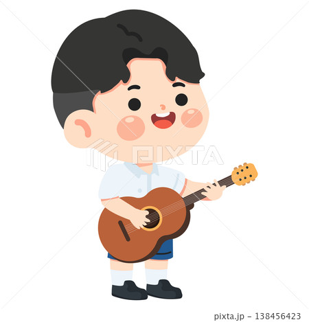 Boy student playing guitar for music practice 138456423