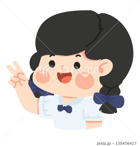 Girl student making peace sign with hand gesture Girl student making peace sign with hand gesture 138456427