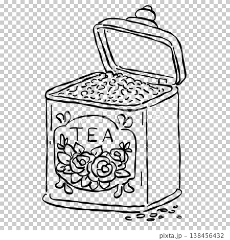 Vintage Tea Tin Container With Open Lid Filled With Loose Tea Leaves Floral Decorative Label Classic Tea Storage Line Art Illustration 138456432