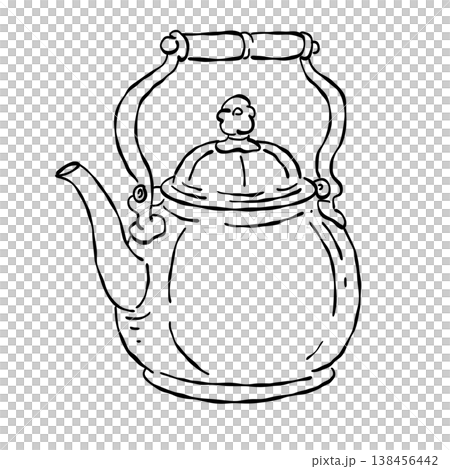 Vintage Classic Tea Kettle With Handle Traditional Tea Brewing Pot Elegant Kitchen Tea Preparation Line Art Illustration 138456442