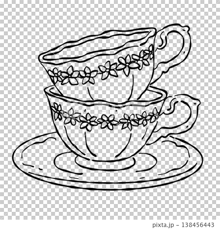 Vintage Floral Porcelain Teacups Stacked On Saucer Elegant Afternoon Tea Tableware Romantic Tea Party Line Art Illustration 138456443