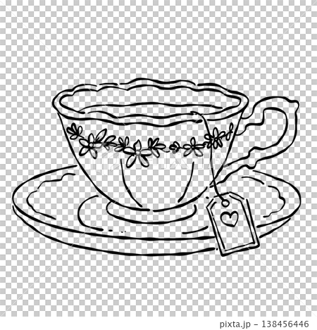 Vintage floral tea cup with tea bag tag elegant afternoon tea drink porcelain cup saucer cozy tea time line art clipart Vintage floral tea cup with tea bag tag elegant afternoon tea drink porcelain cup saucer cozy tea time line art clipart 138456446
