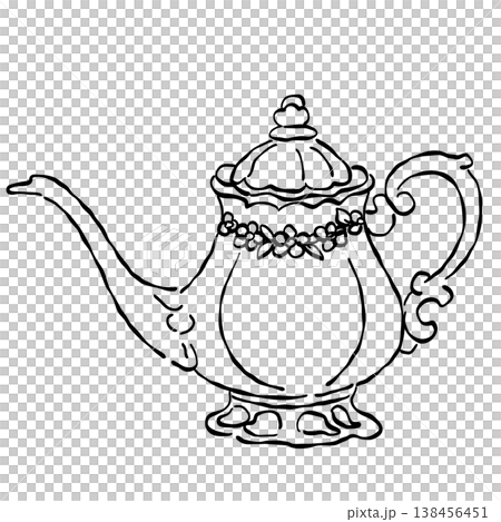 Vintage Floral Porcelain Teapot Elegant Afternoon Tea Serving Pot Classic Tea Party Tableware Line Art Illustration Vintage Floral Porcelain Teapot Elegant Afternoon Tea Serving Pot Classic Tea Party Tableware Line Art Illustration 138456451